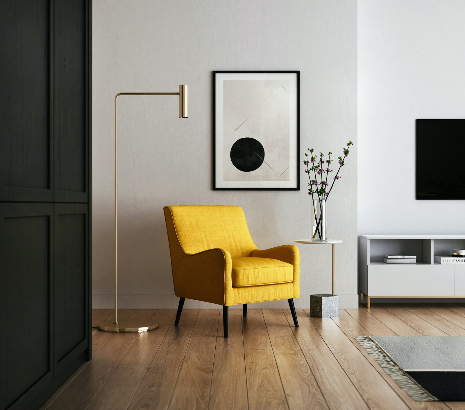 Modern interior with a designer armchair and warm timber floor